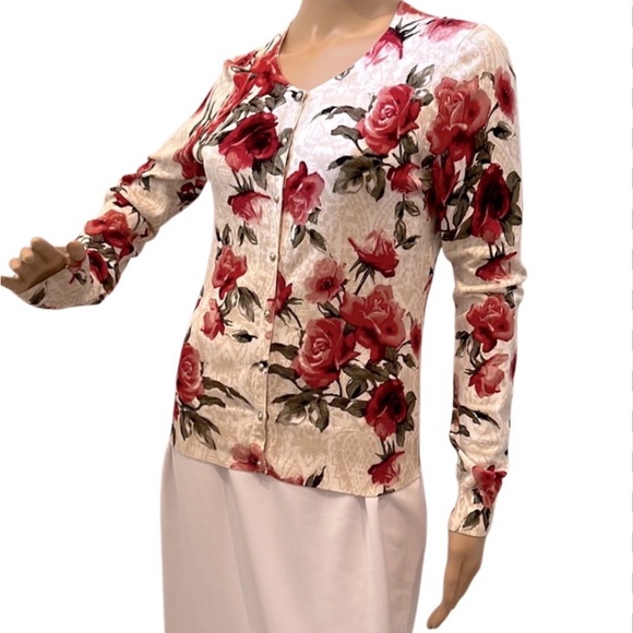 White House Black Market Sweaters - L White House Black Market Floral Rose Knit Cardigan Button Down Sweater